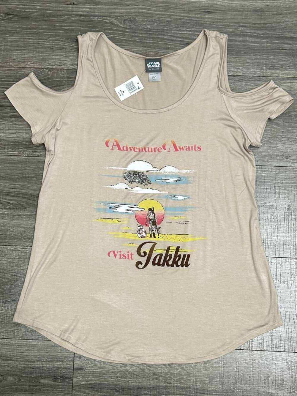 Her Universe Star Wars Rey & BB-8 Visit Jakku Cold Shoulder T-Shirt, Medium, NWT